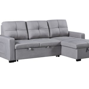 Naples Linen 3-Seater L Shape Sofa with Storage Chaise, Pullout Footrest & Drop-Down Drinks Holder in Light Grey - Image 3