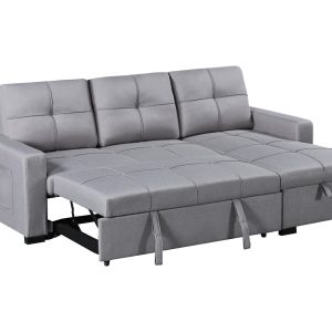 Naples Linen 3-Seater L Shape Sofa with Storage Chaise, Pullout Footrest & Drop-Down Drinks Holder in Light Grey - Image 10