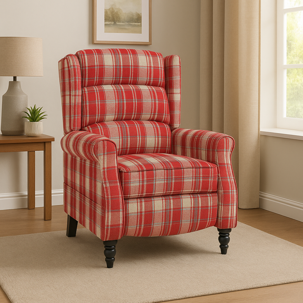 Estonia Fabric Pushback Recliner Armchair in Red Tartan - Image 2