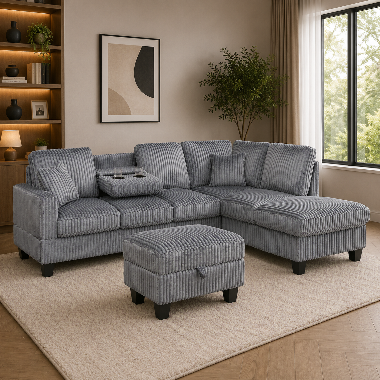 Vienna Jumbo Cord L-Shaped Corner Sofa with Storage Ottoman Footstool & Drop Down Table in Grey - Image 4
